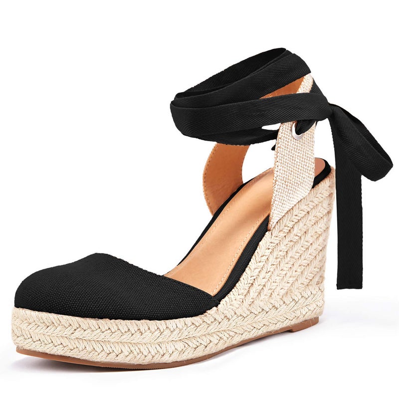 Ermonn Womens Espadrille Wedge Sandals Platform Closed Toe Ankle Strap Lace Up Summer Shoes - Image 1